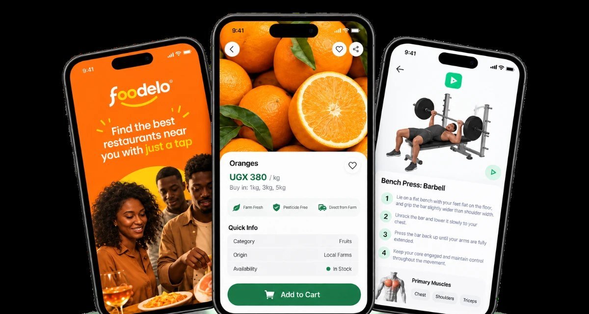 Foodelo, Farmsell and FitHero apps on phones